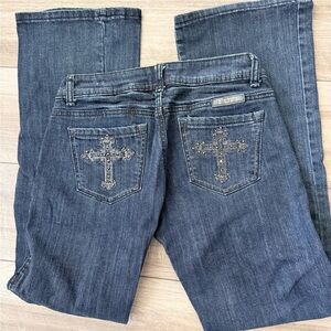 Cowgirl Tuff Dark Blue Boot Cut Jeans with Cross Embellishments